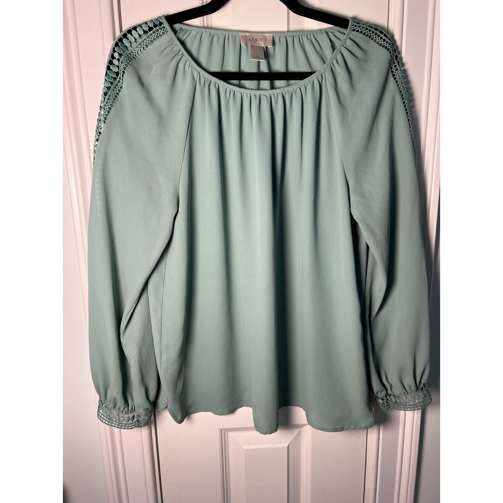 Loft Outlet Sage Green Crochet Lace Trim Long Sleeve Blouse Top Medium